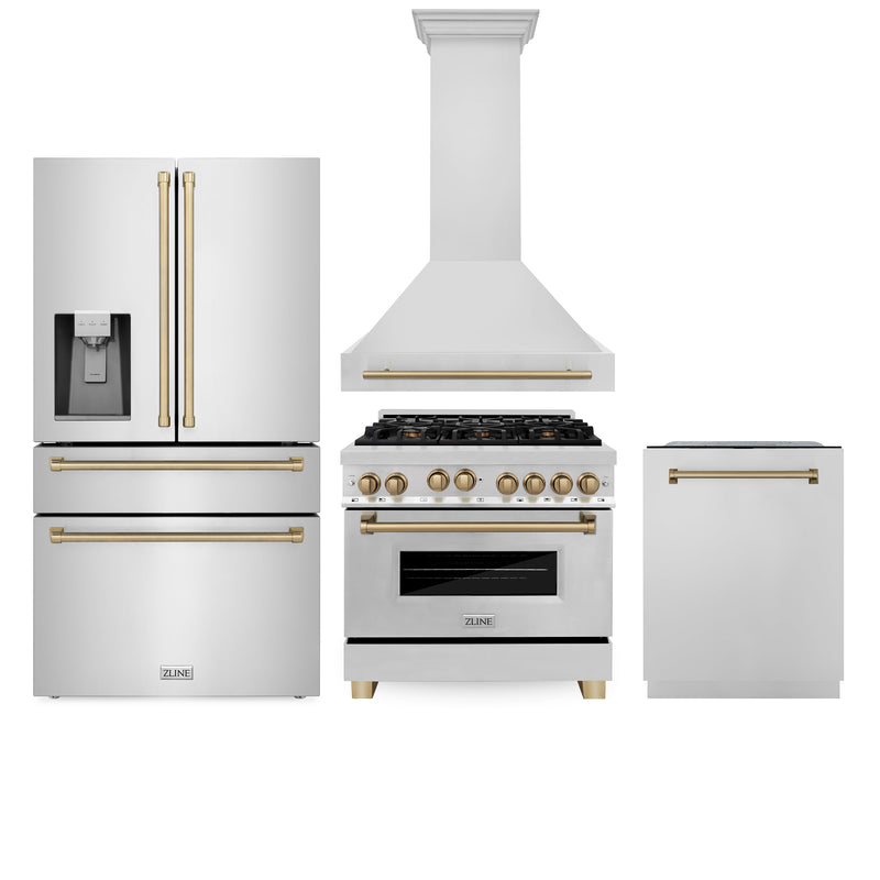 ZLINE 36 in. Autograph Edition Kitchen Package with Stainless Steel Gas Range, Range Hood, Dishwasher and Refrigeration with Champagne Bronze Accents (4AKPR-RGRHDWM36-CB)