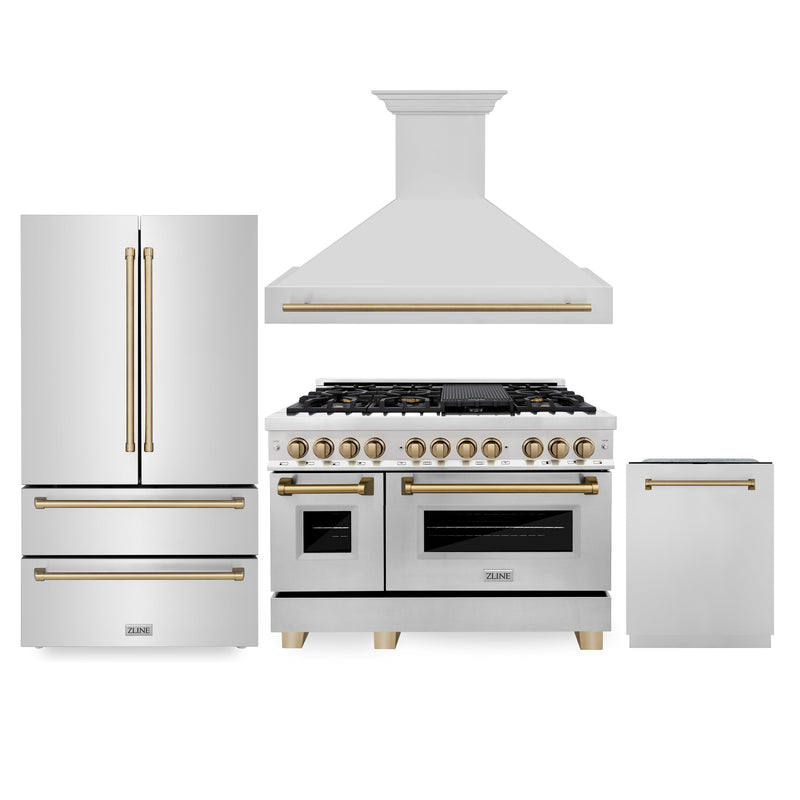 ZLINE 48 in. Autograph Edition Kitchen Package with Stainless Steel Dual Fuel Range, Range Hood, Dishwasher and Refrigeration with Champagne Bronze Accents (4KAPR-RARHDWM48-CB)