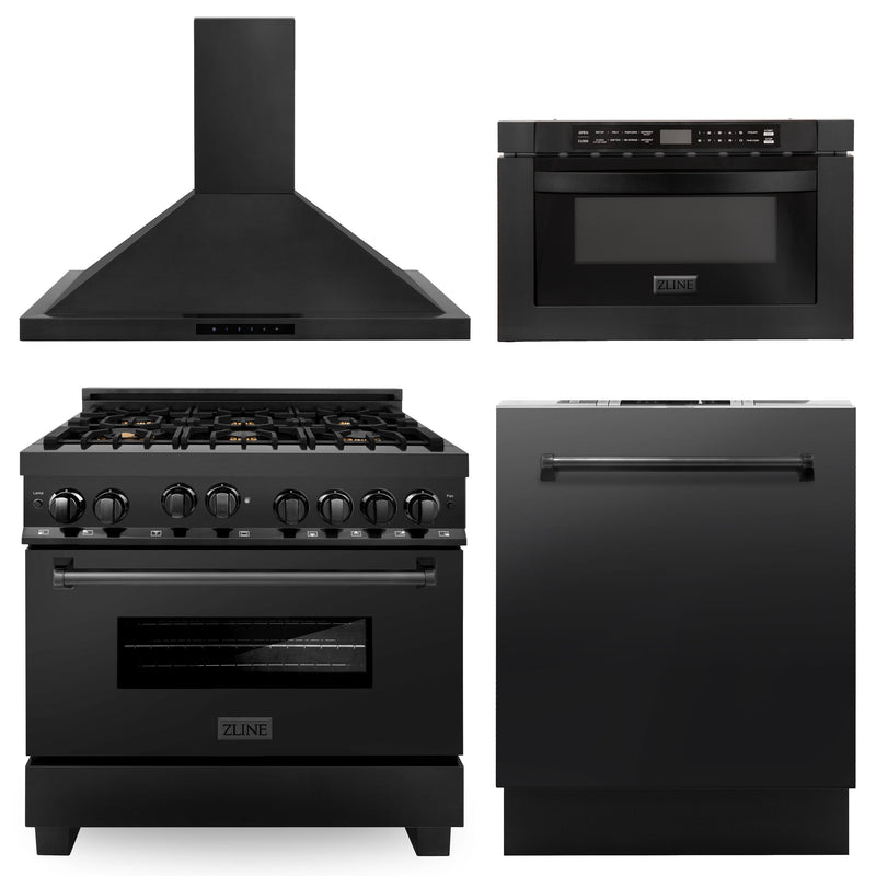 ZLINE 36 in. Kitchen Package with Black Stainless Steel Gas Range, Range Hood, Microwave Drawer and Dishwasher(4KP-RGBRH36-MWDW)