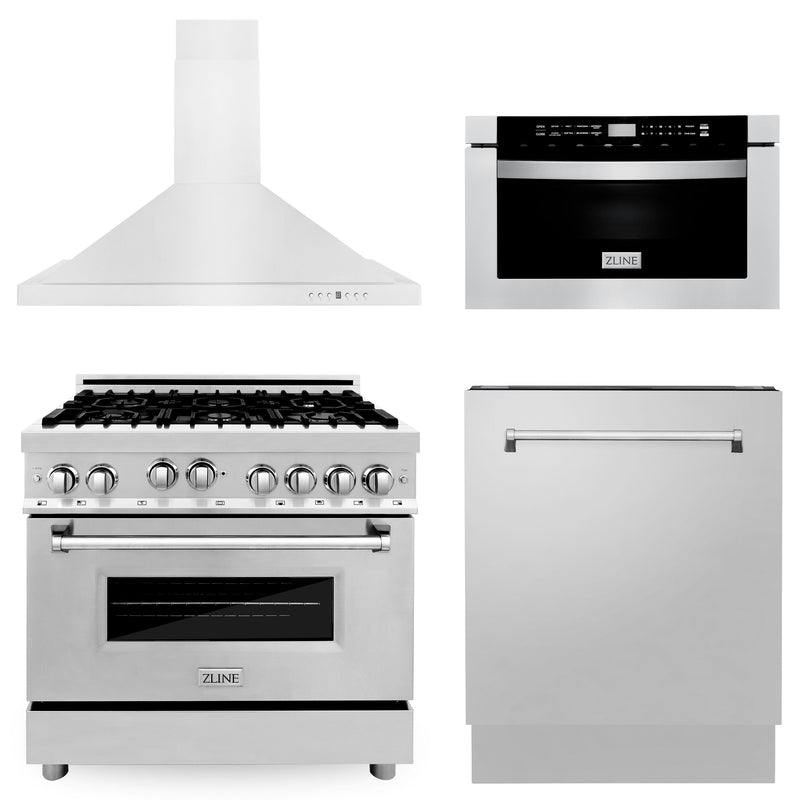 ZLINE 36 in. Kitchen Package with Stainless Steel Gas Range, Range Hood, Microwave Drawer and Tall Tub Dishwasher(4KP-RGRH36-MWDWV)