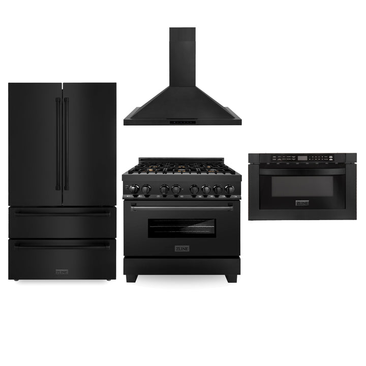 Products ZLINE Appliance Package - 36" Kitchen Package with Black Stainless Steel Refrigeration, Dual Fuel Range and Microwave Drawer