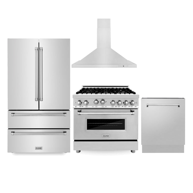 ZLINE Kitchen Package with Refrigeration, 36 in. Stainless Steel Gas Range, 36 in. Convertible Vent Range Hood and 24 in. Tall Tub Dishwasher (4KPR-RGRH36-DWV)