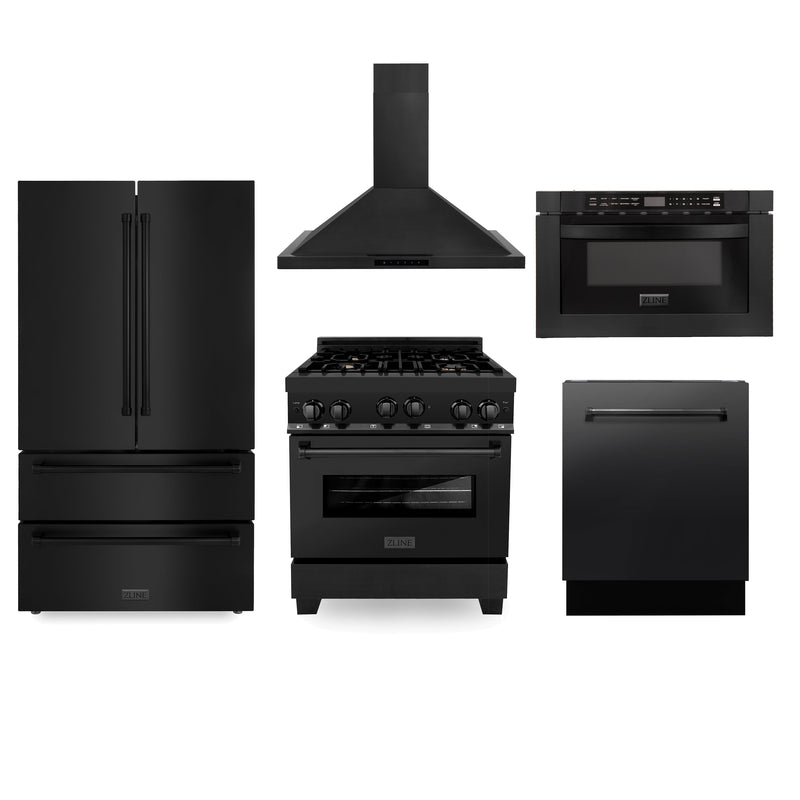 ZLINE Kitchen Package with Black Stainless Steel Refrigeration, 30 in. Gas Range, 30 in. Range Hood, Microwave Drawer, and 24 in. Tall Tub Dishwasher (5KPR-RGBRH-MWDWV)