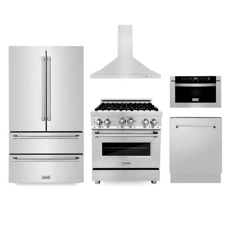 ZLINE Kitchen Package with Refrigeration, 30 in. Stainless Steel Gas Range, 30 in. Convertible Vent Range Hood, 24 in. Microwave Drawer, and 24 in. Tall Tub Dishwasher (5KPR-RGRH30-MWDWV)