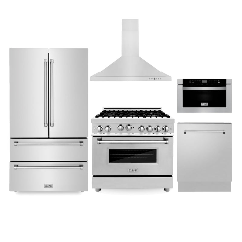 ZLINE Kitchen Package with Refrigeration, 36 in. Stainless Steel Gas Range, 36 in. Convertible Vent Range Hood, 24 in. Microwave Drawer, and 24 in. Tall Tub Dishwasher (5KPR-RGRH36-MWDWV)