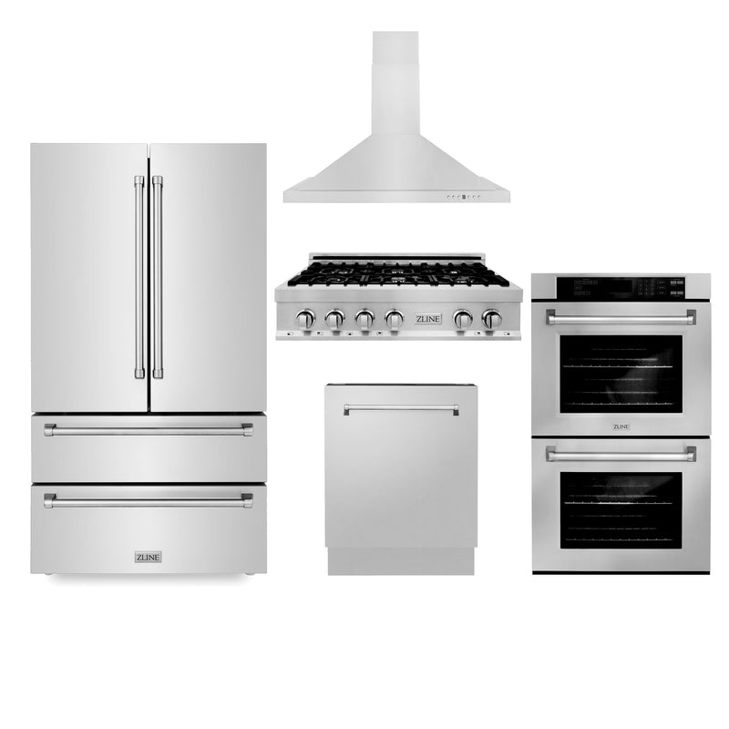 ZLINE Kitchen Package with Refrigeration, 36 in. Stainless Steel Gas Rangetop, 36 in. Convertible Vent Range Hood, 30 in. Double Wall Oven, and 24 in. Tall Tub Dishwasher (5KPR-RTRH36-AWDDWV)