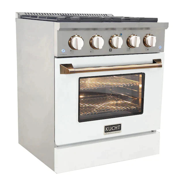 Kucht Signature 30" Pro-Style Dual Fuel Range in Stainless Steel with White Oven Door & Gold Handle (KDF302-W-GOLD)