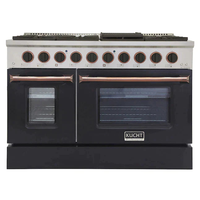 Kucht Signature 48-Inch Pro-Style Dual Fuel Range in Stainless Steel with Black Oven Door & Rose Gold (KDF482-K-ROSE)