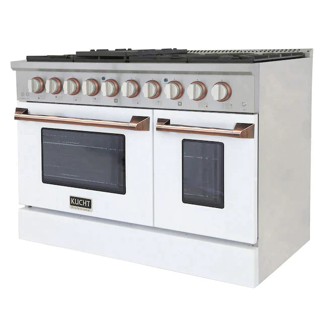 Kucht Signature 48-Inch Pro-Style Dual Fuel Range in Stainless Steel with White Oven Door & Rose Gold (KDF482-W-ROSE)