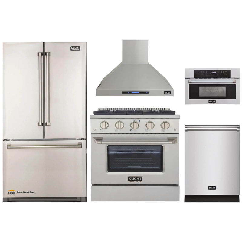 Kucht 5-Piece Appliance Package - 30-Inch Dual Fuel Range, Refrigerator, Wall Mount Hood, Dishwasher, & Microwave Oven in Stainless Steel