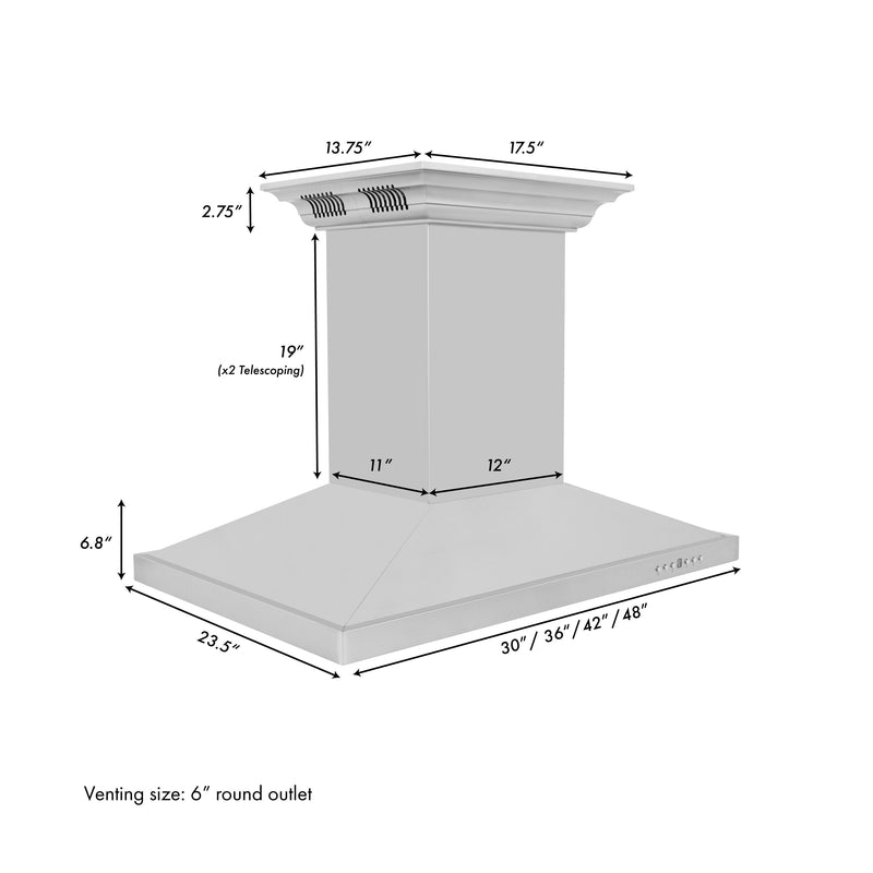 ZLINE Island Mount Range Hood in Stainless Steel with Built-in ZLINE CrownSound Bluetooth Speakers (GL2iCRN-BT)