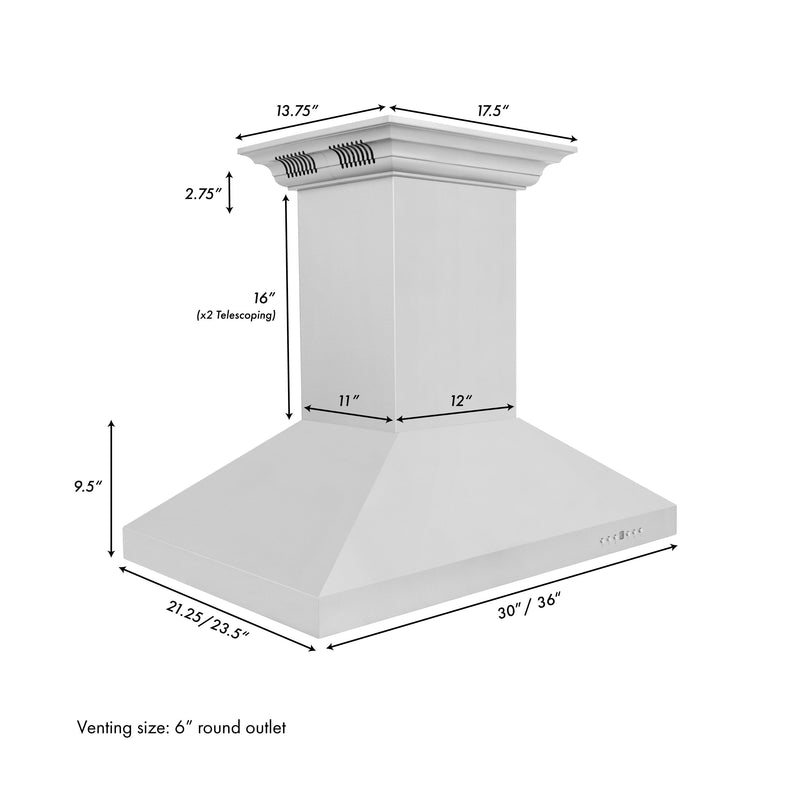 ZLINE Island Mount Range Hood in Stainless Steel with Built-in ZLINE CrownSound Bluetooth Speakers (KL3iCRN-BT)