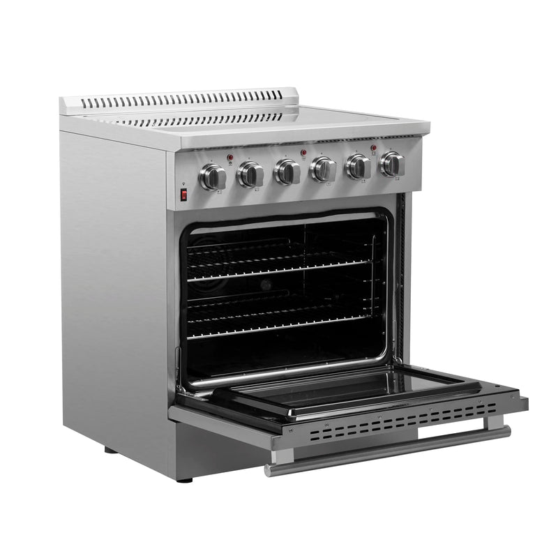 Forno 4-Piece Appliance Package - 30-Inch Electric Range, Wall Mount Range Hood, French Door Refrigerator, and Dishwasher in Stainless Steel