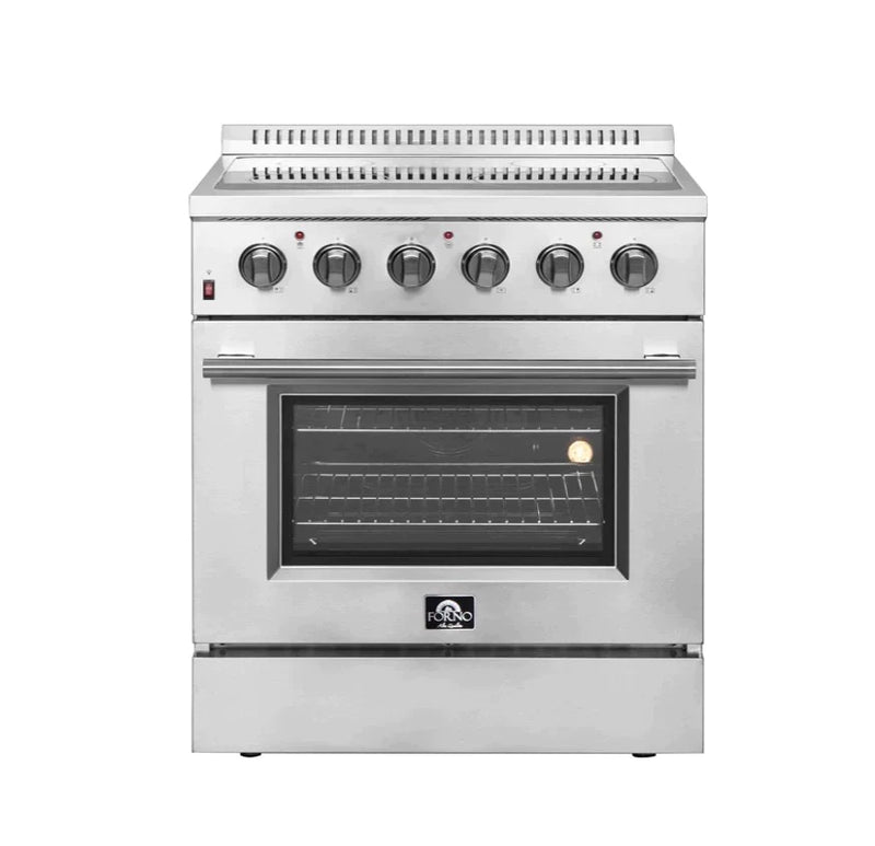 Forno 4-Piece Appliance Package - 30-Inch Electric Range, Wall Mount Range Hood with Backsplash, French Door Refrigerator, and Dishwasher in Stainless Steel