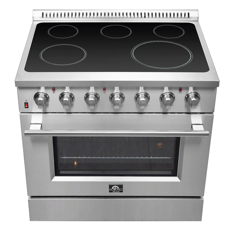 Forno 5-Piece Appliance Package - 36-Inch Electric Range, Wall Mount Range Hood with Backsplash, French Door Refrigerator, Dishwasher, and Microwave Drawer in Stainless Steel