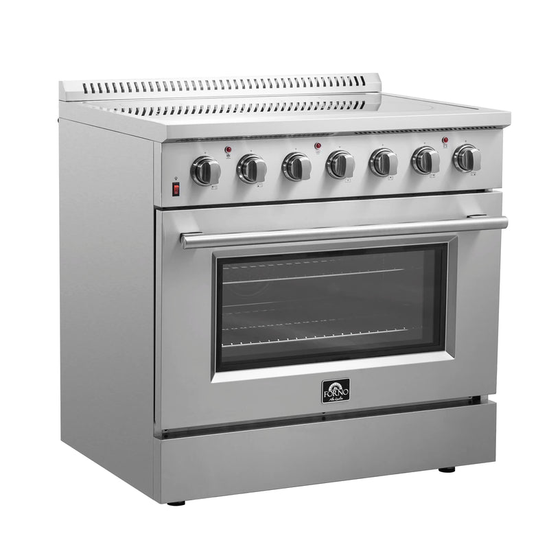 Forno 4-Piece Appliance Package - 36-Inch Electric Range, Wall Mount Range Hood, French Door Refrigerator, and Dishwasher in Stainless Steel