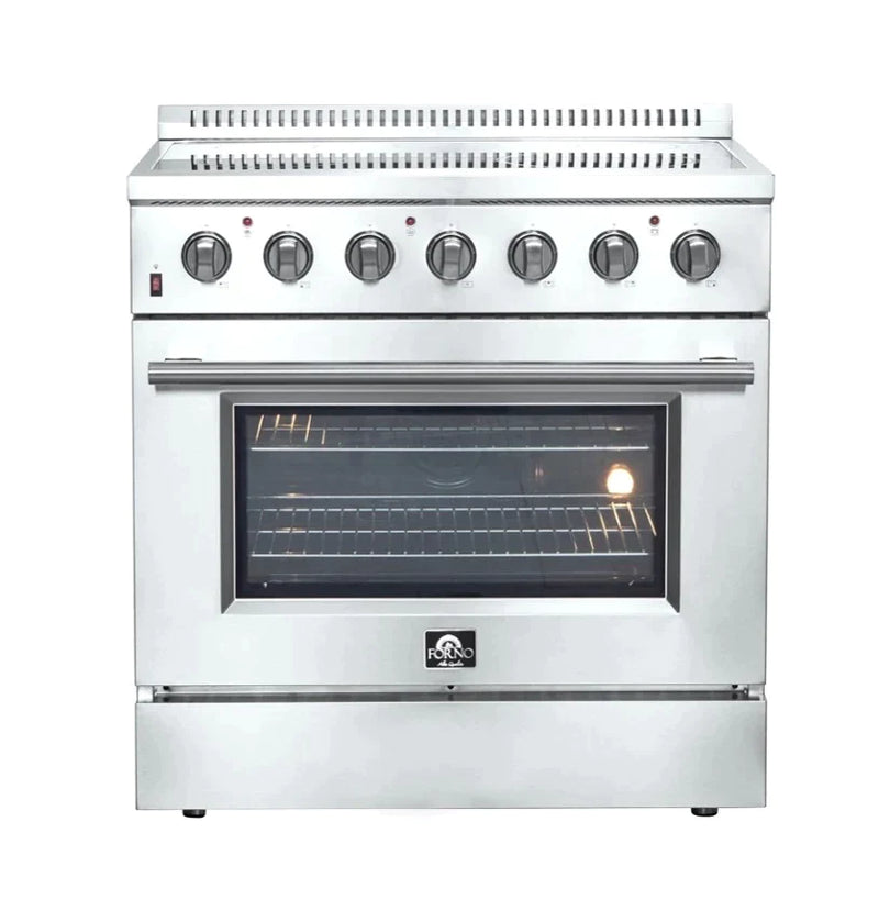 Forno 5-Piece Appliance Package - 36-Inch Electric Range, Wall Mount Range Hood, Pro-Style Refrigerator, Dishwasher, and Microwave Oven in Stainless Steel