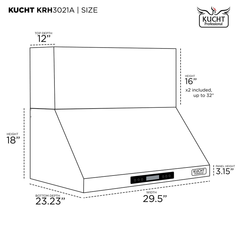 Kucht 30-Inch Wall Mounted Range Hood 900 CFM in Stainless Steel (KRH3021A)