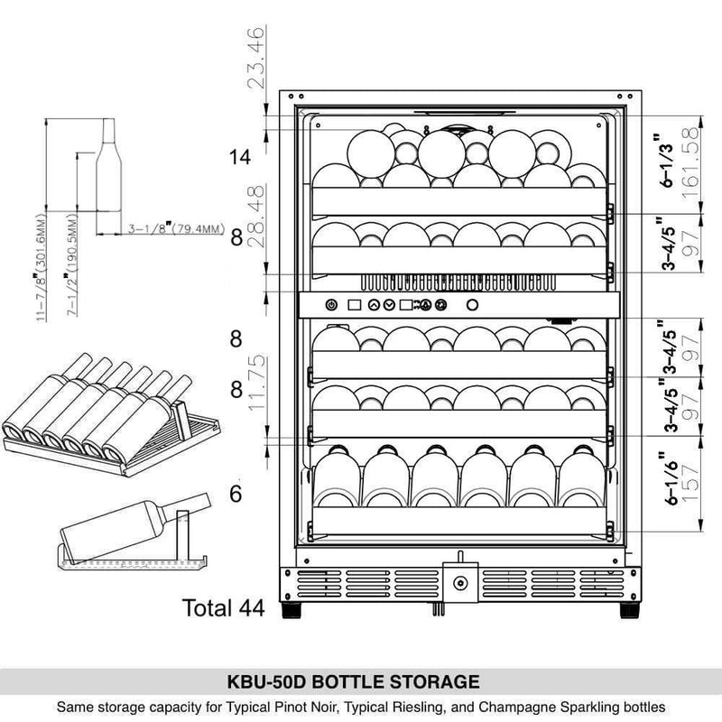 Kings Bottle 44 Bottles 24 Inch Under Counter Dual Zone Wine Cooler Drinks KBU50DX-SS, LHH