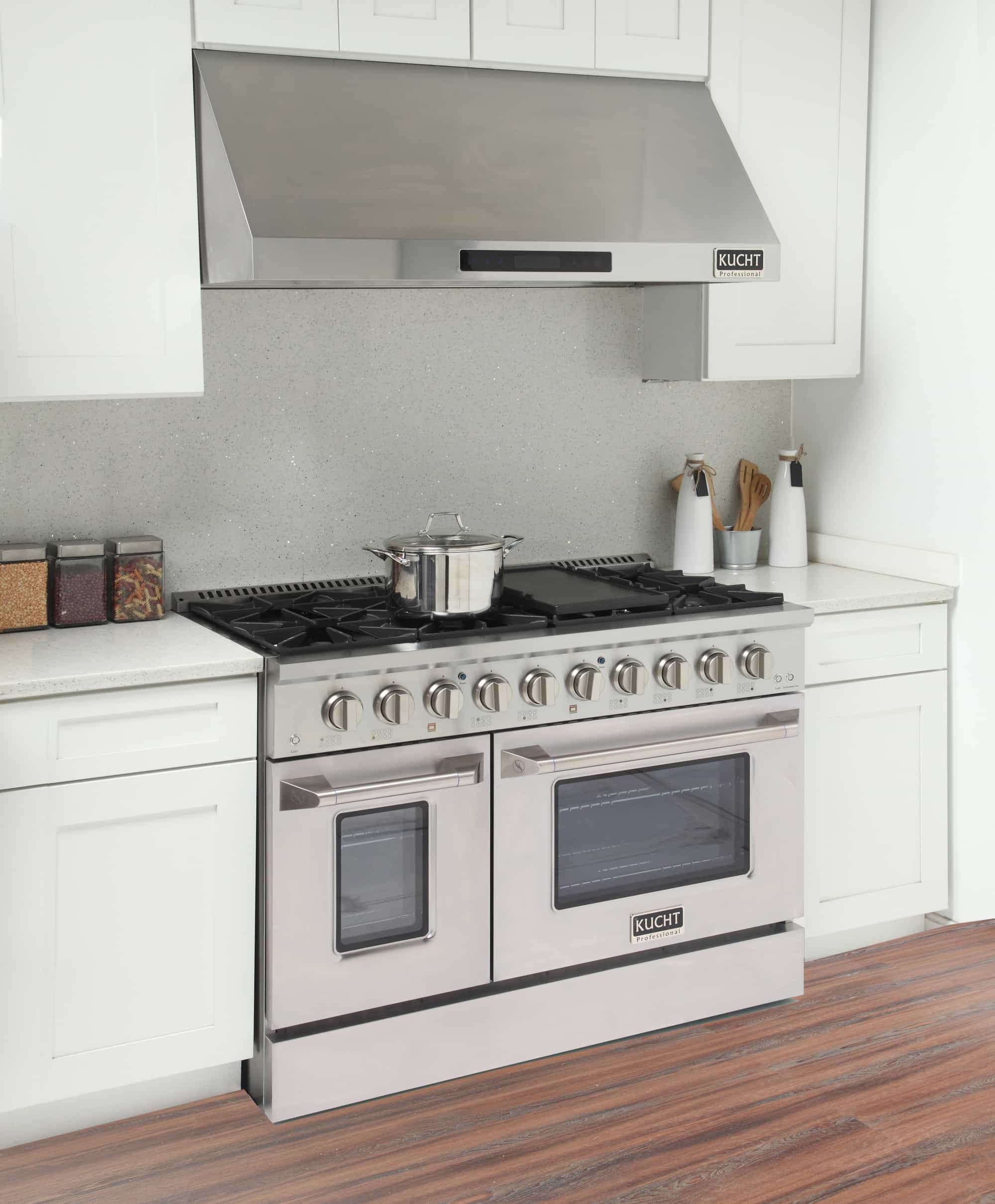 Kucht 5-Piece Appliance Package - 48-Inch Dual Fuel Range, Refrigerator, Wall Mount Hood, Dishwasher, & Microwave Drawer in Stainless Steel