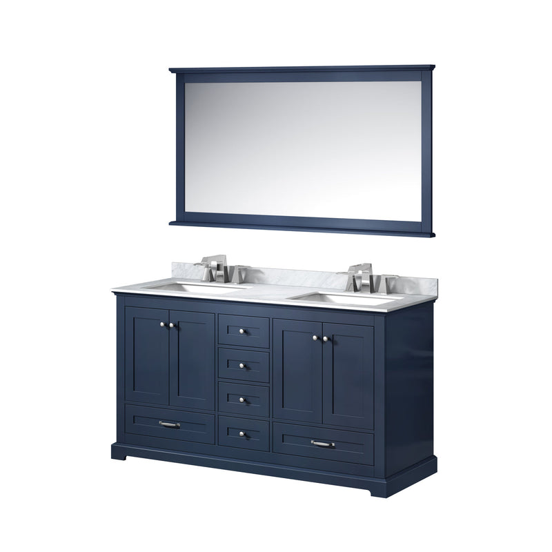Lexora Dukes 60" Navy Blue Double Vanity, White Carrara Marble Top, White Square Sinks and 58" Mirror LD342260DEDSM58