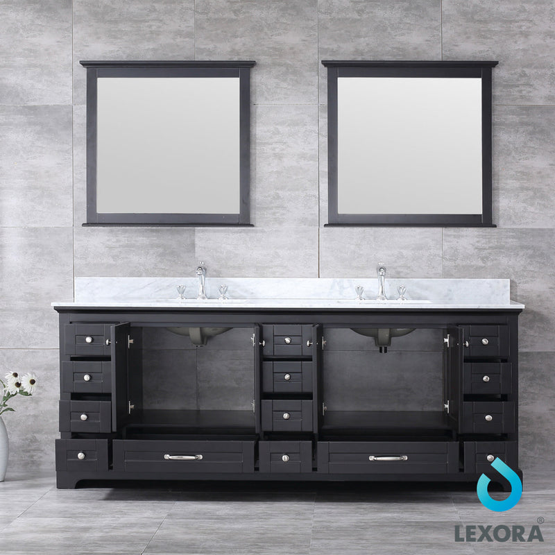 Lexora Dukes 84" Espresso Double Vanity, White Carrara Marble Top, White Square Sinks and 34" Mirrors LD342284DGDSM34