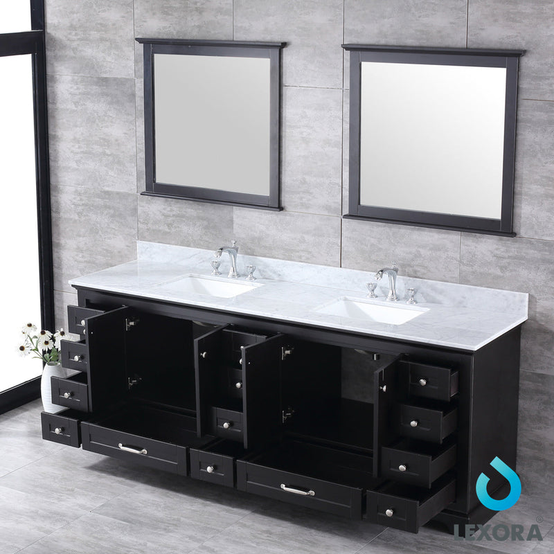 Lexora Dukes 84" Espresso Double Vanity, White Carrara Marble Top, White Square Sinks and 34" Mirrors LD342284DGDSM34