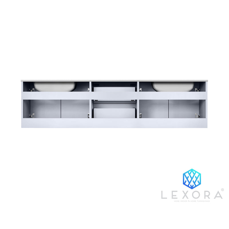 Lexora Geneva 72" Glossy White Double Vanity, White Carrara Marble Top, White Square Sinks and 30" LED Mirrors LG192272DMDSLM30