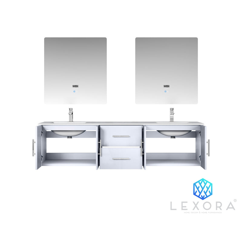 Lexora Geneva 72" Glossy White Double Vanity, White Carrara Marble Top, White Square Sinks and 30" LED Mirrors LG192272DMDSLM30