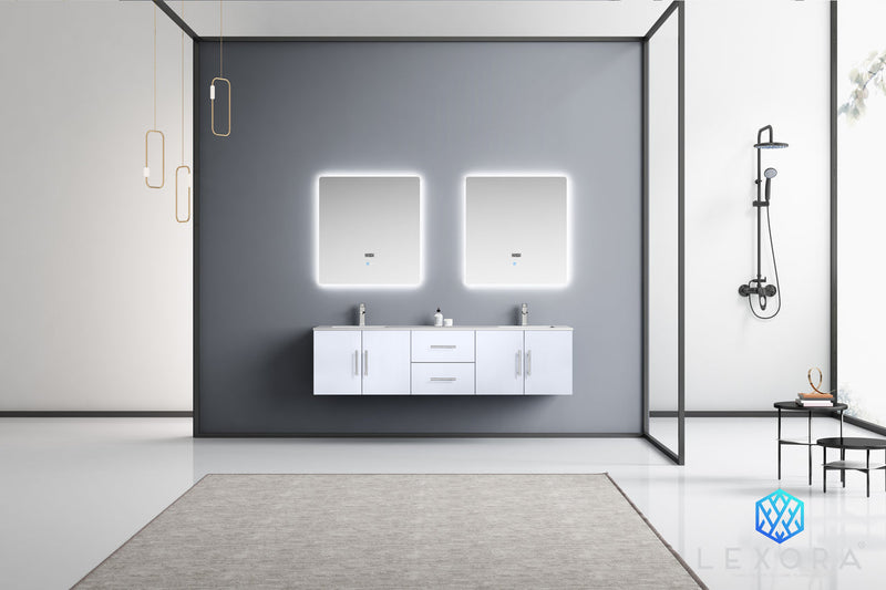 Lexora Geneva 72" Glossy White Double Vanity, White Carrara Marble Top, White Square Sinks and 30" LED Mirrors LG192272DMDSLM30