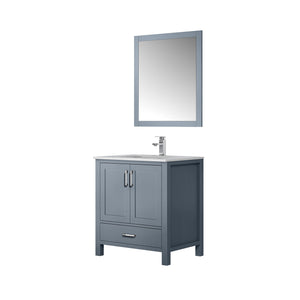 Lexora Jacques 30" Dark Grey Single Vanity, White Carrara Marble Top, White Square Sink and 28" Mirror w/ Faucet LJ342230SBDSM28F