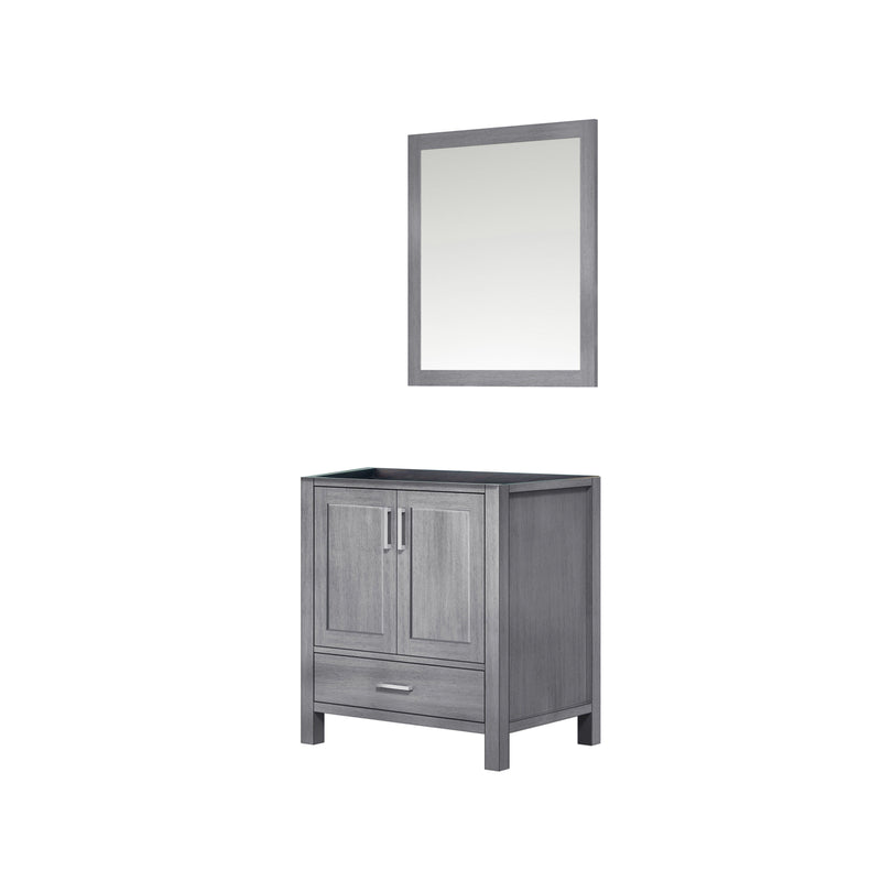 Lexora Jacques 30" Distressed Grey Single Vanity, no Top and 28" Mirror LJ342230SD00M28