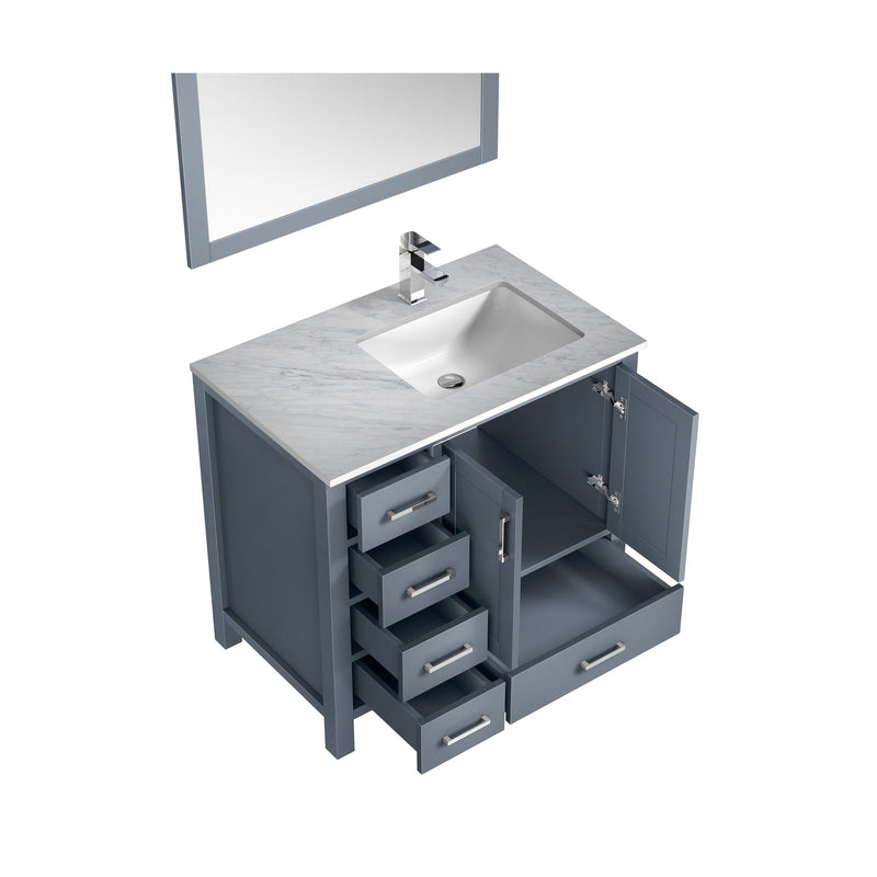 Lexora Jacques 36" Dark Grey Single Vanity, White Carrara Marble Top, White Square Sink and 34" Mirror w/ Faucet - Right Version LJ342236SBDSM34F-R