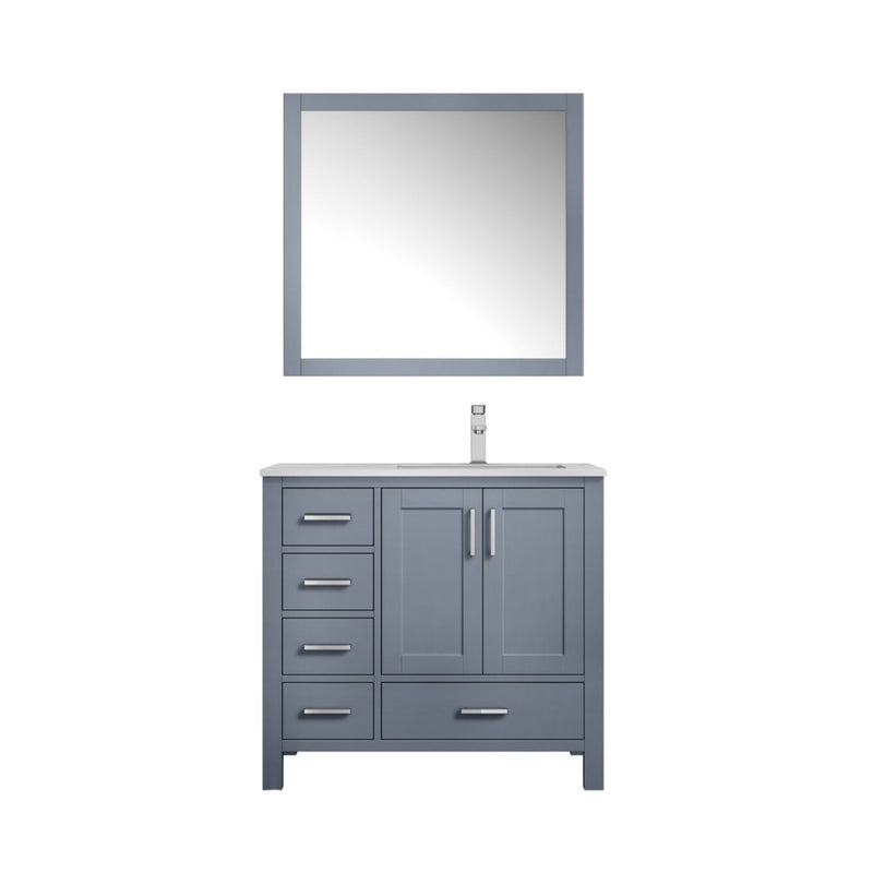 Lexora Jacques 36" Dark Grey Single Vanity, White Carrara Marble Top, White Square Sink and 34" Mirror w/ Faucet - Right Version LJ342236SBDSM34F-R