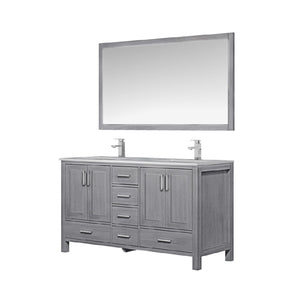 Lexora Jacques 60" Distressed Grey Double Vanity, White Carrara Marble Top, White Square Sinks and 58" Mirror LJ342260DDDSM58