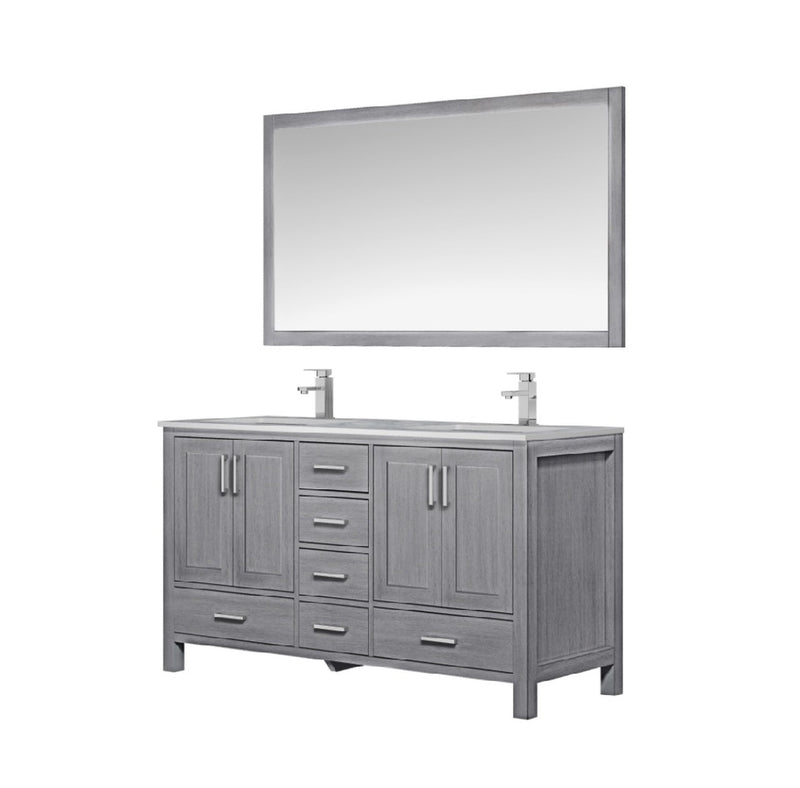 Lexora Jacques 60" Distressed Grey Double Vanity, White Carrara Marble Top, White Square Sinks and 58" Mirror LJ342260DDDSM58