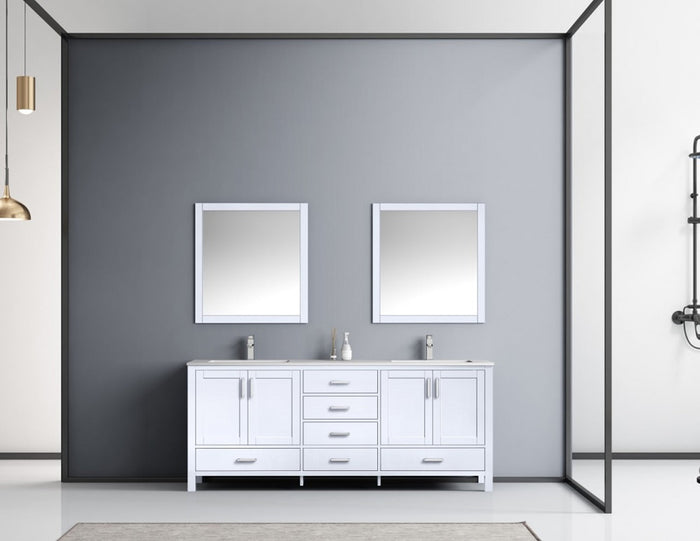 Lexora  Jacques 80" White Double Vanity, White Carrara Marble Top, White Square Sinks and 30" Mirrors LJ342280DADSM30