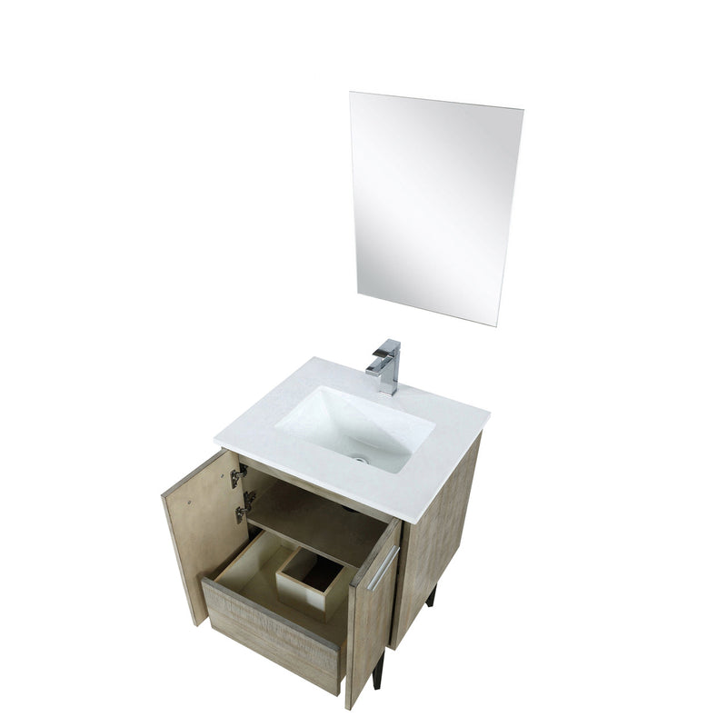 Lexora Lancy 24" Rustic Acacia Bathroom Vanity, White Quartz Top, White Square Sink, Balzani Gun Metal Faucet Set, and 18" Frameless Mirror LLC24SKSOSM18FGM