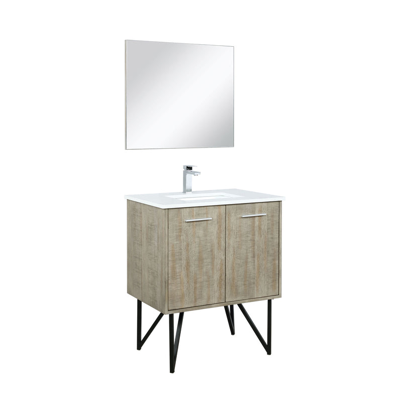 Lexora Lancy 30" Rustic Acacia Bathroom Vanity, White Quartz Top, White Square Sink, Labaro Rose Gold Faucet Set, and 28" Frameless Mirror LLC30SKSOSM28FRG