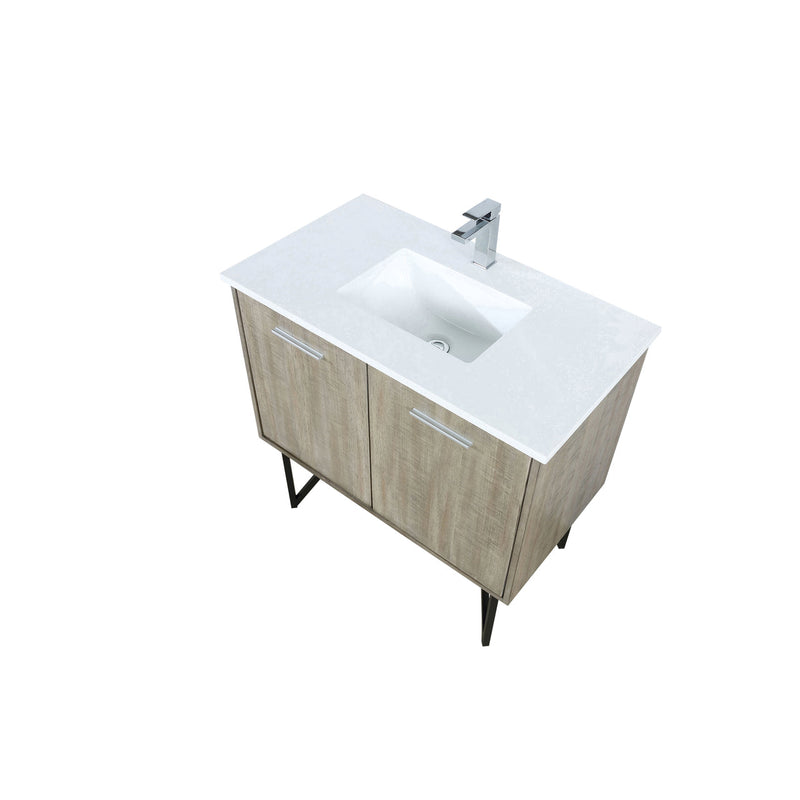 Lexora Lancy 36" Rustic Acacia Bathroom Vanity, White Quartz Top, White Square Sink, and Labaro Rose Gold Faucet Set LLC36SKSOS000FRG