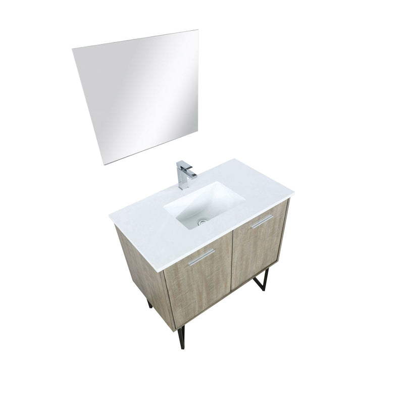 Lexora Lancy 36" Rustic Acacia Bathroom Vanity, White Quartz Top, White Square Sink, Balzani Gun Metal Faucet Set, and 28" Frameless Mirror LLC36SKSOSM28FGM