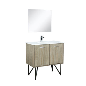 Lexora Lancy 36" Rustic Acacia Bathroom Vanity, White Quartz Top, White Square Sink, Labaro Rose Gold Faucet Set, and 28" Frameless Mirror LLC36SKSOSM28FRG