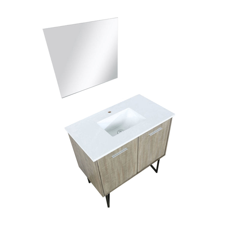 Lexora Lancy 36" Rustic Acacia Bathroom Vanity, White Quartz Top, White Square Sink, and 28" Frameless Mirro LLC36SKSOSM28