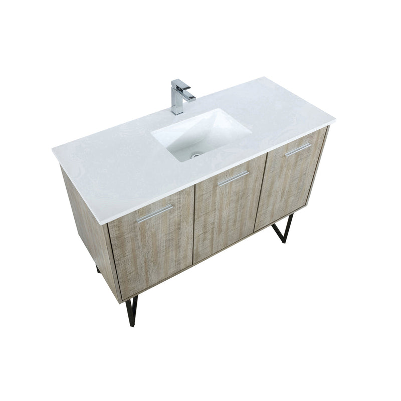 Lexora Lancy 48" Rustic Acacia Bathroom Vanity, White Quartz Top, White Square Sink, and Labaro Rose Gold Faucet Set LLC48SKSOS000FRG