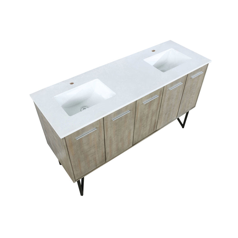 Lexora Lancy 60" Rustic Acacia Double Bathroom Vanity, White Quartz Top, and White Square Sinks LLC60DKSOS000