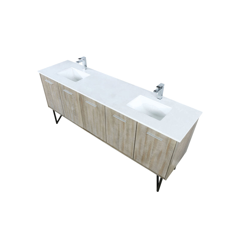 Lexora Lancy 80" Rustic Acacia Double Bathroom Vanity, White Quartz Top, White Square Sinks, and Labaro Brushed Nickel Faucet Set LLC80DKSOS000FBN