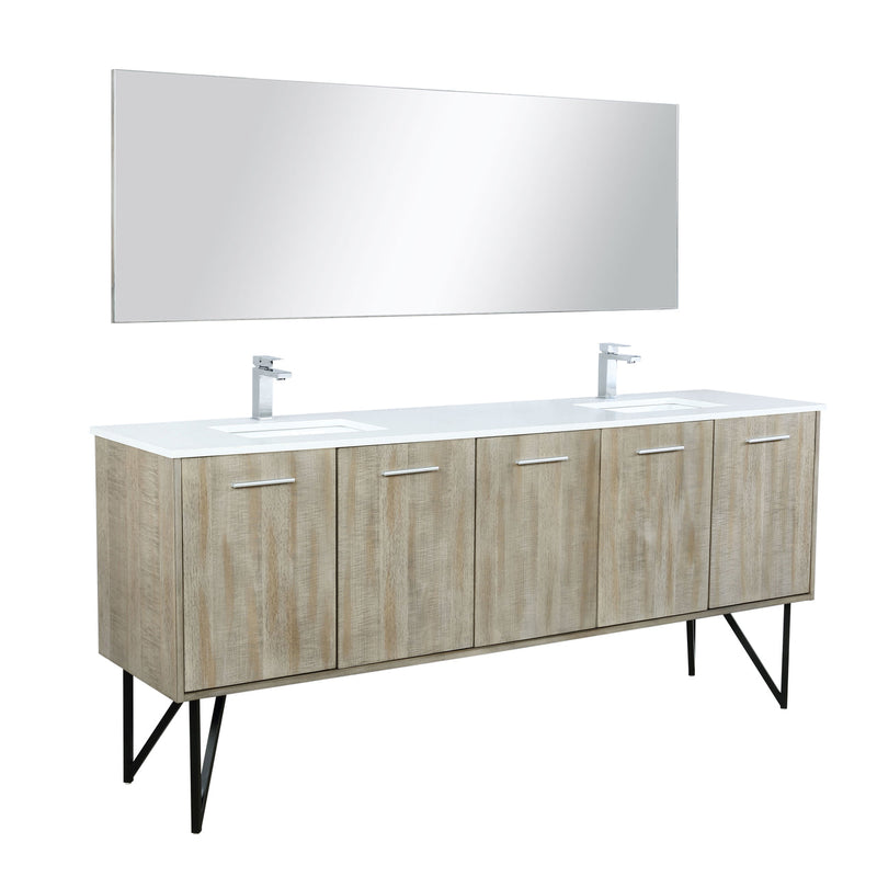 Lexora Lancy 80" Rustic Acacia Double Bathroom Vanity, White Quartz Top, White Square Sinks, Labaro Brushed Nickel Faucet Set, and 70" Frameless Mirror LLC80DKSOSM70FBN