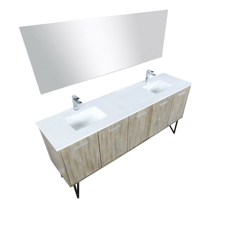 Lexora Lancy 80" Rustic Acacia Double Bathroom Vanity, White Quartz Top, White Square Sinks, Labaro Rose Gold Faucet Set, and 70" Frameless Mirror LLC80DKSOSM70FRG
