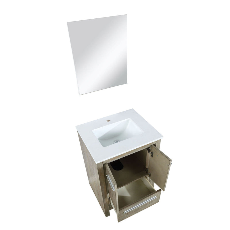 Lexora Lafarre 24" Rustic Acacia Bathroom Vanity, White Quartz Top, White Square Sink, and 18" Frameless Mirror LLF24SKSOSM18