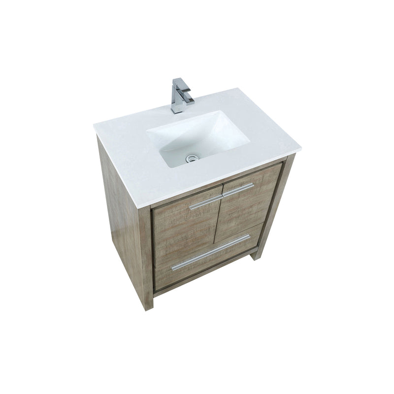 Lexora Lafarre 30" Rustic Acacia Bathroom Vanity, White Quartz Top, White Square Sink, and Labaro Brushed Nickel Faucet Set  LLF30SKSOS000FBN